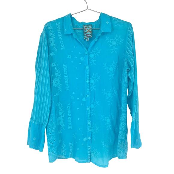 Johnny Was NYX Button Down Embroidered Eyelet Shirt Light Blue Size Medium - Picture 1 of 12